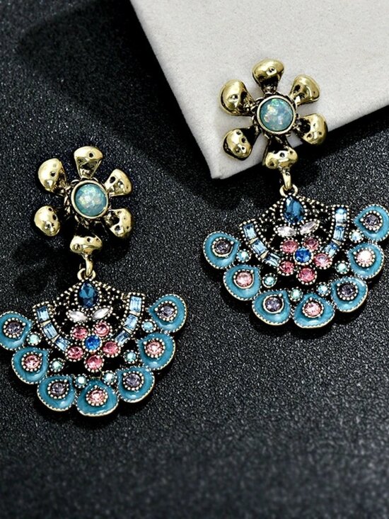 Jewelry - Vintage Gold Blue Enamel Multicolored Crystal Peacock Fan Drop Earrings